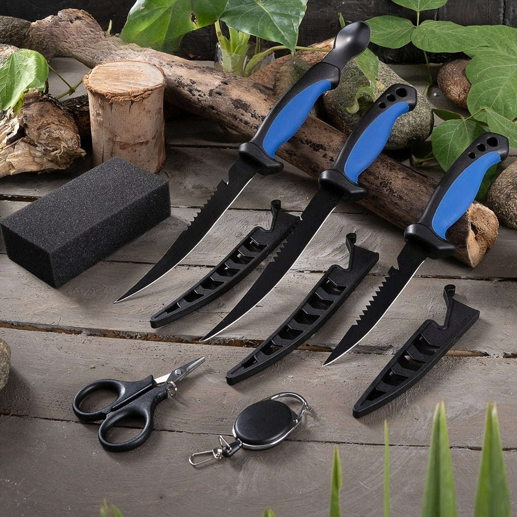 Fishing Knife Set 3-Piece Stainless Steel Fillet Boning Knife with Cut Resistant Gloves Fishing Line Cutter Stretch Rope for Fishing Camping Carving