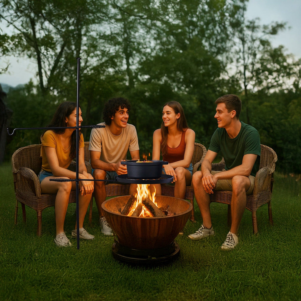 Campfire Grill Grate with Hanging Pole – Height Adjustable, 360° Rotation, 48" Thick Steel Pole, Swivel Grate Ring for Kettle, Dutch Oven & Pan – Portable Open Fire Cooking Grill for Camping & Outdoor