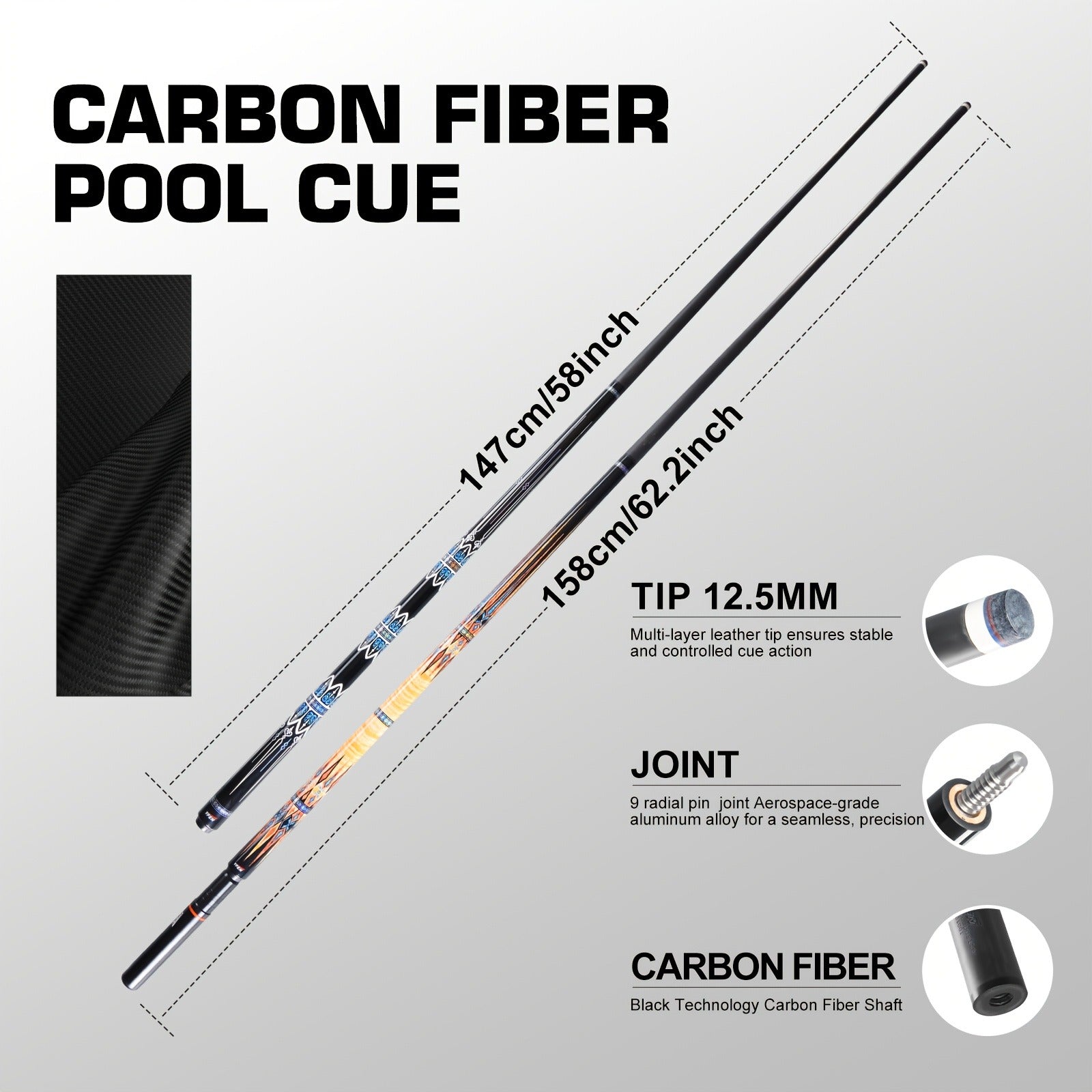 Carbon Fiber Pool Cue Stick Low Deflection Billiard Cue with 11.8mm 12.5mm Tip Pro-Taper Shaft Canadian Maple Butt Extension Compatible Professional Pool Cues for Competitive Play and Tournament Use