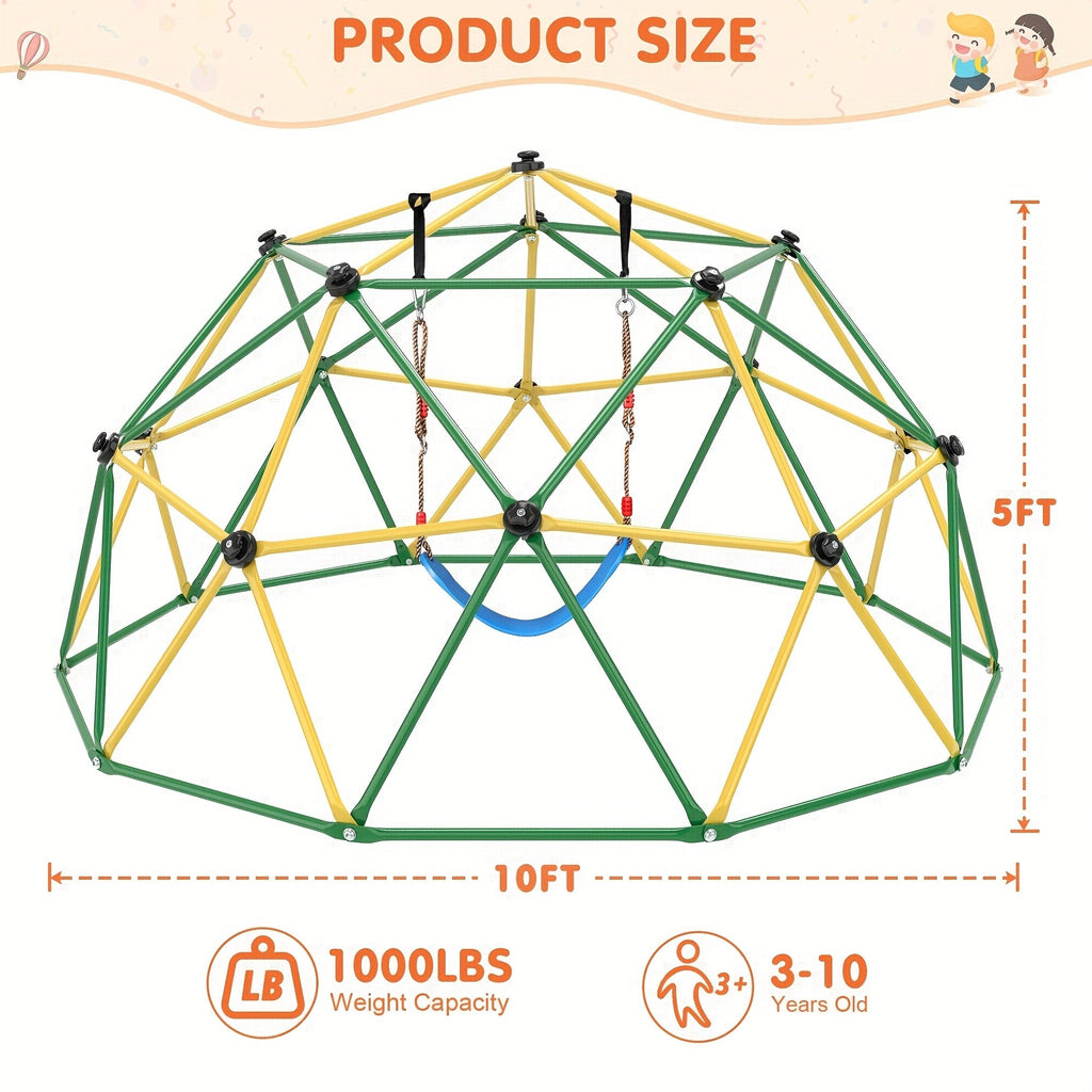 10FT Kids Climbing Dome with Hammock Swing Disc Swing Backyard Jungle Gym Steel Frame Outdoor Play Equipment 1000 LBS Capacity Gift for Boys Girls Ages 3-10
