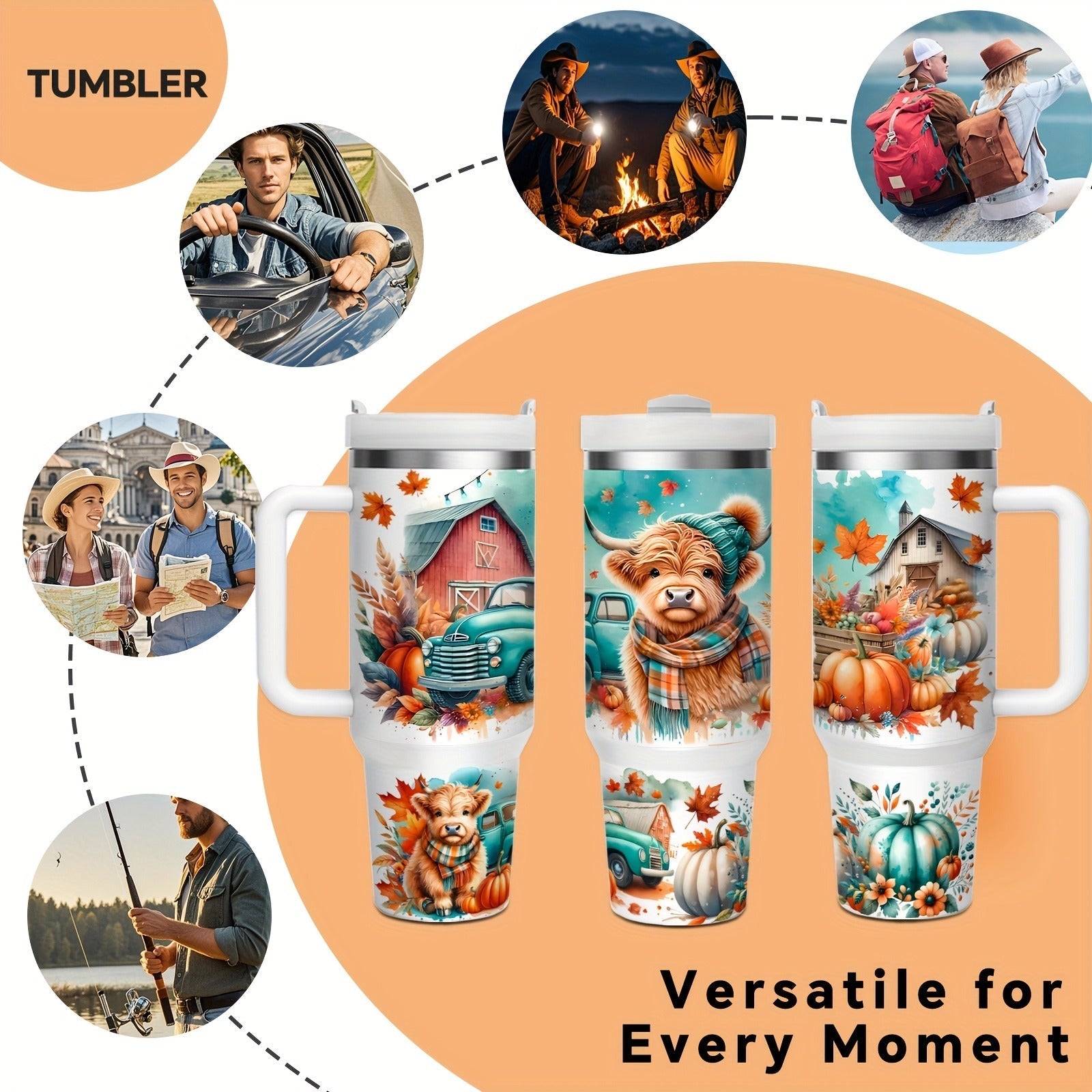Stainless Steel Insulated Tumbler With Lid and Straw, 40oz & 16oz Highland Cow Thanksgiving Water Bottle With Handle, Keeps Cold 24 Hours Hot 12 Hours, Portable Travel Cup for Car Home Office Birthday Gift