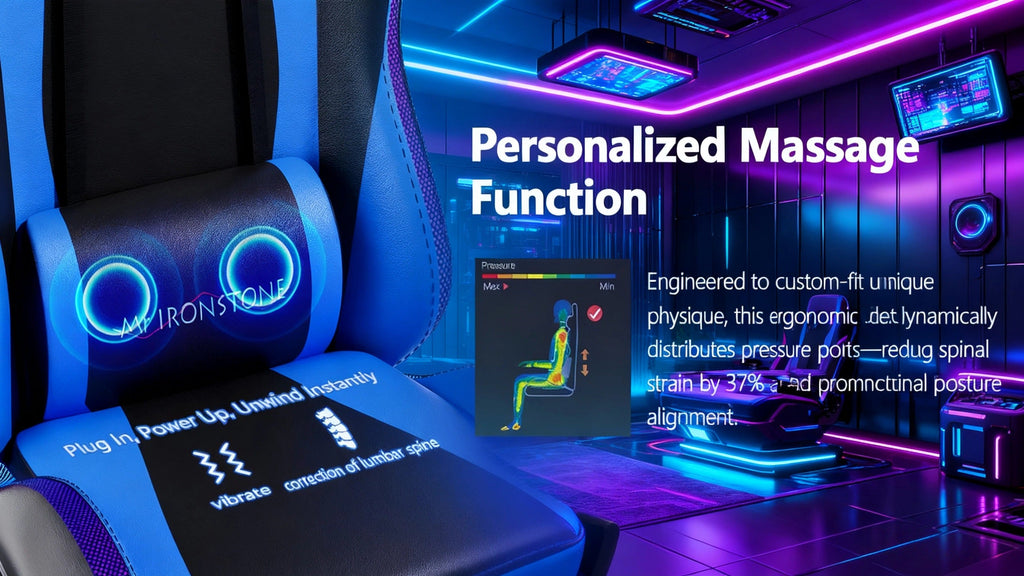 Gaming Chair with Massage and Bluetooth Speaker – RGB LED Lights, 135° Reclining with Footrest, 7-Point Vibration, 3D Adjustable Arms, 360° Swivel, Heavy Duty 400 lbs Big & Tall Ergonomic Chair, Blue Black