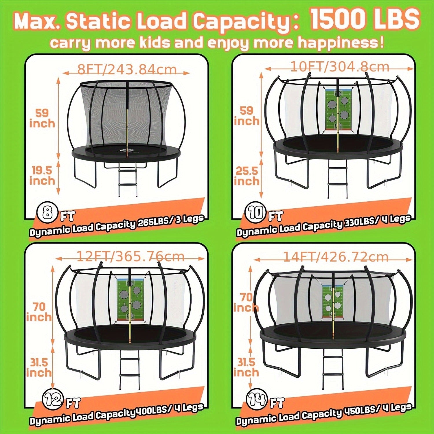 Outdoor Trampoline with Safety Enclosure Net Football Toss Game 8 10 12 14FT Round Backyard Trampoline for Kids Adults Indoor Outdoor Party Play