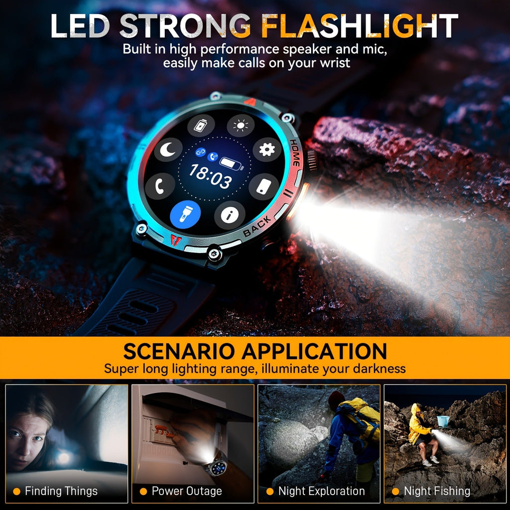 EIGIIS KE3 Rugged Smartwatch for Men – Wireless Calling, HD 1.45" Screen, LED Light, Fitness Tracker, iPhone & Android