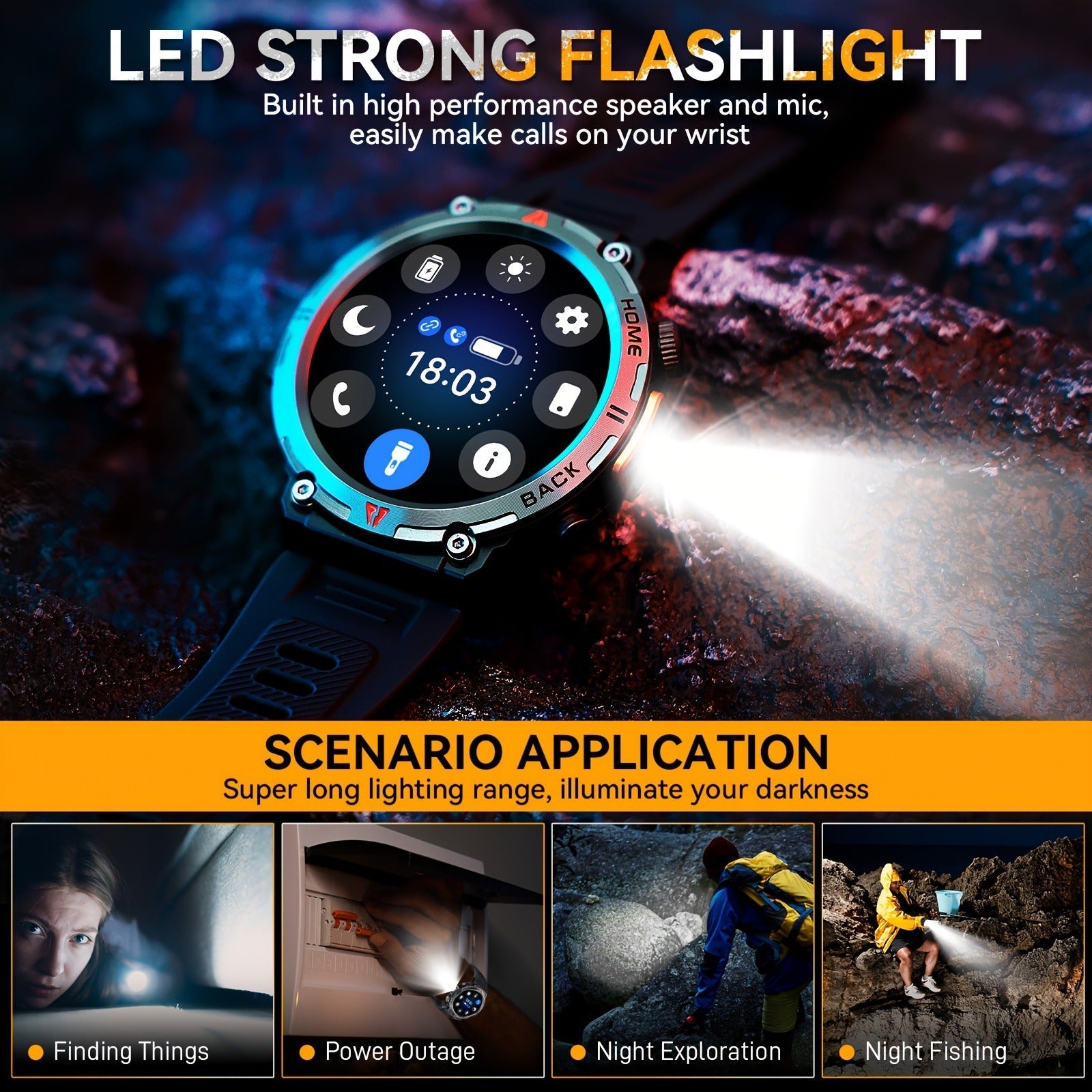 EIGIIS KE3 Rugged Smartwatch for Men – Wireless Calling, HD 1.45" Screen, LED Light, Fitness Tracker, iPhone & Android