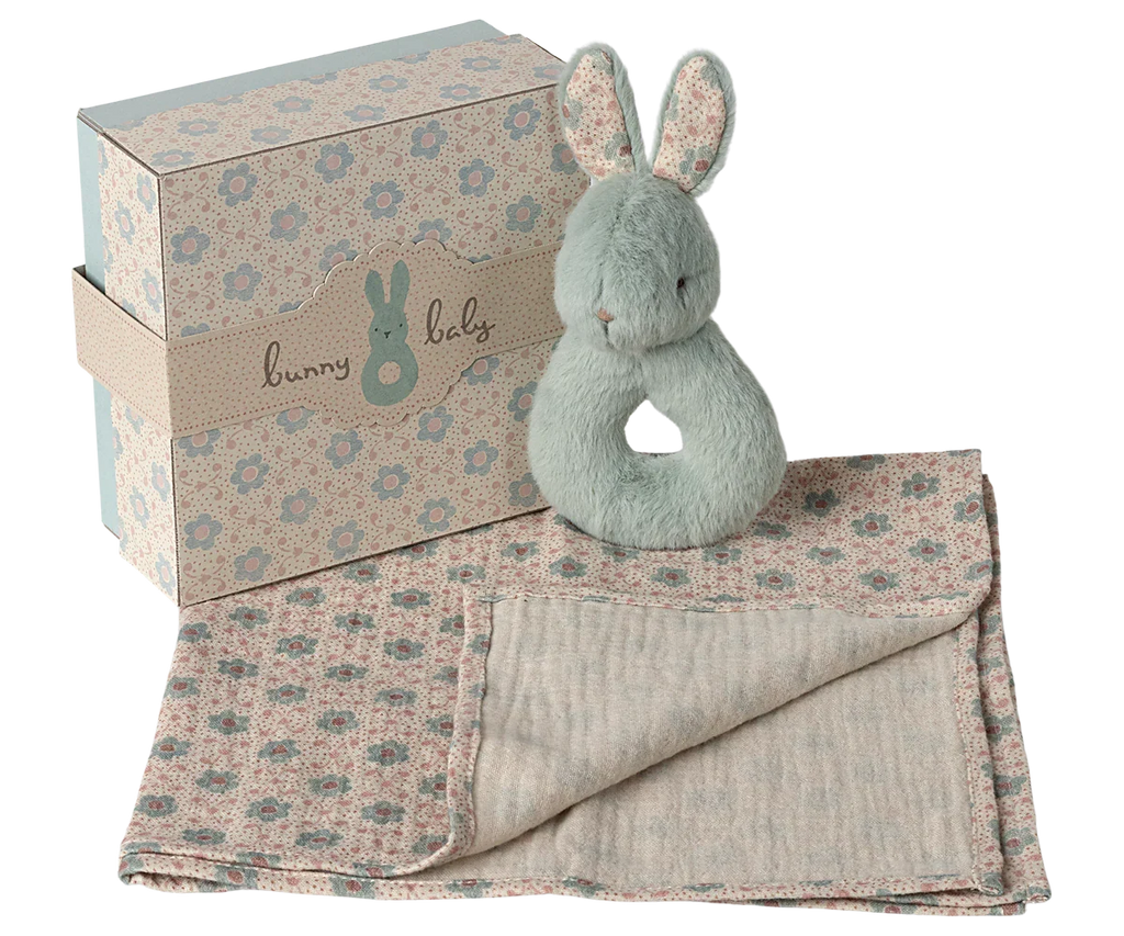 Maileg Bunny Rattle & Burp Cloth Set - Mint