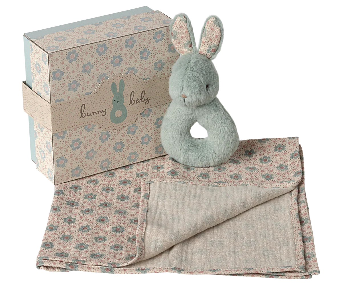 Maileg Bunny Rattle & Burp Cloth Set - Mint