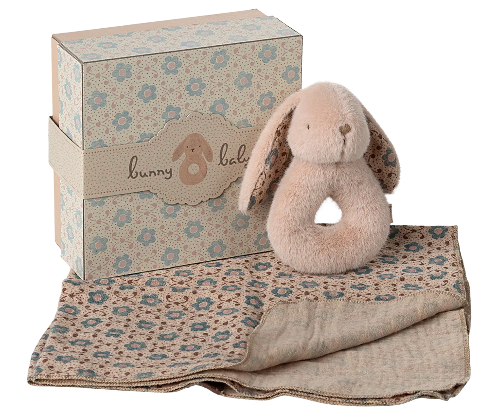 Maileg Bunny Rattle & Burp Cloth Set - Powder