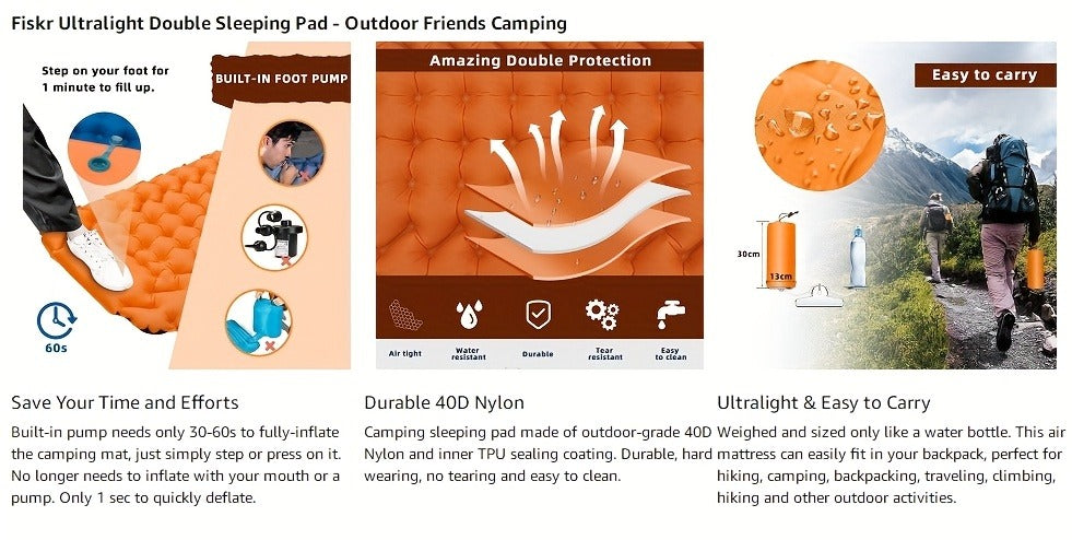 Camping Sleeping Pad Inflatable & Self-Inflating – Ultralight TPU Nylon Mat with Built-In Pump, Single & Double Size for Backpacking, Hiking, Travel