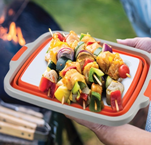 Collapsible BBQ Prep Caddy with Cutting Board & Lid - 3-in-1 Foldable Grill Preparation Tub, Food-Safe Plastic, Washing Basket & Marination Container - Orange