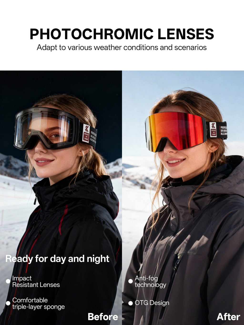 Magnetic Photochromic Ski Goggles OTG Helmet Compatible – 16-Point Magnetic Swap Lens, Triple-Layer Foam, Double Anti-Fog Dual-Layer PC 99.99% UV Protection for Men & Women, Includes Case & Bag