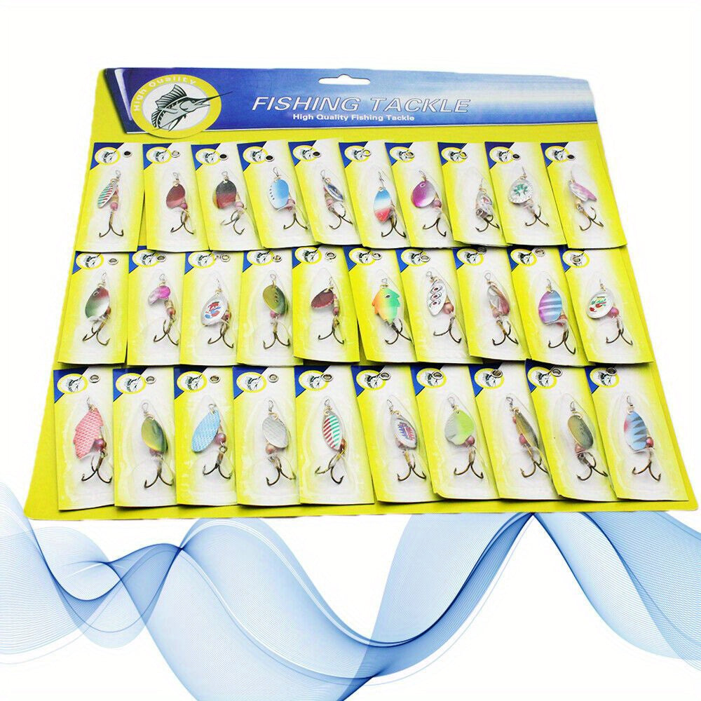 Fishing Lures Kit 30pcs Metal Spinnerbait Set for Trout Pike Salmon Bass - Assorted Colorful Hard Baits with Sturdy Hooks for Freshwater & Saltwater - Outdoor Fishing Tackle Accessories, 38x34mm Each