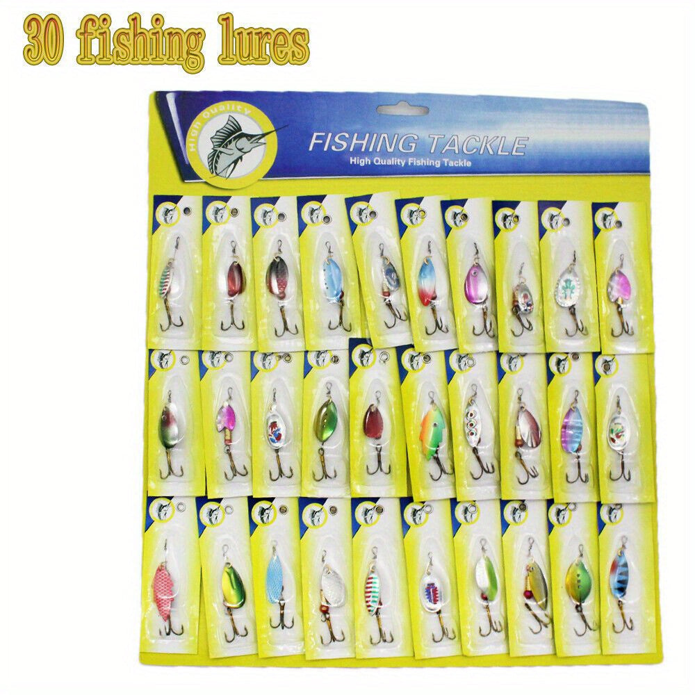 Fishing Lures Kit 30pcs Metal Spinnerbait Set for Trout Pike Salmon Bass - Assorted Colorful Hard Baits with Sturdy Hooks for Freshwater & Saltwater - Outdoor Fishing Tackle Accessories, 38x34mm Each