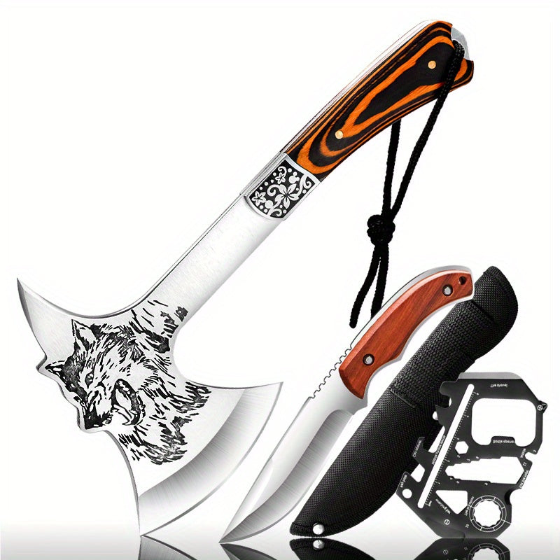 Tactical Axe Set Outdoor Multifunctional Knife Tool Card 3-4 Piece Kit for Hiking Camping BBQ Survival Wolf Head Axe Option