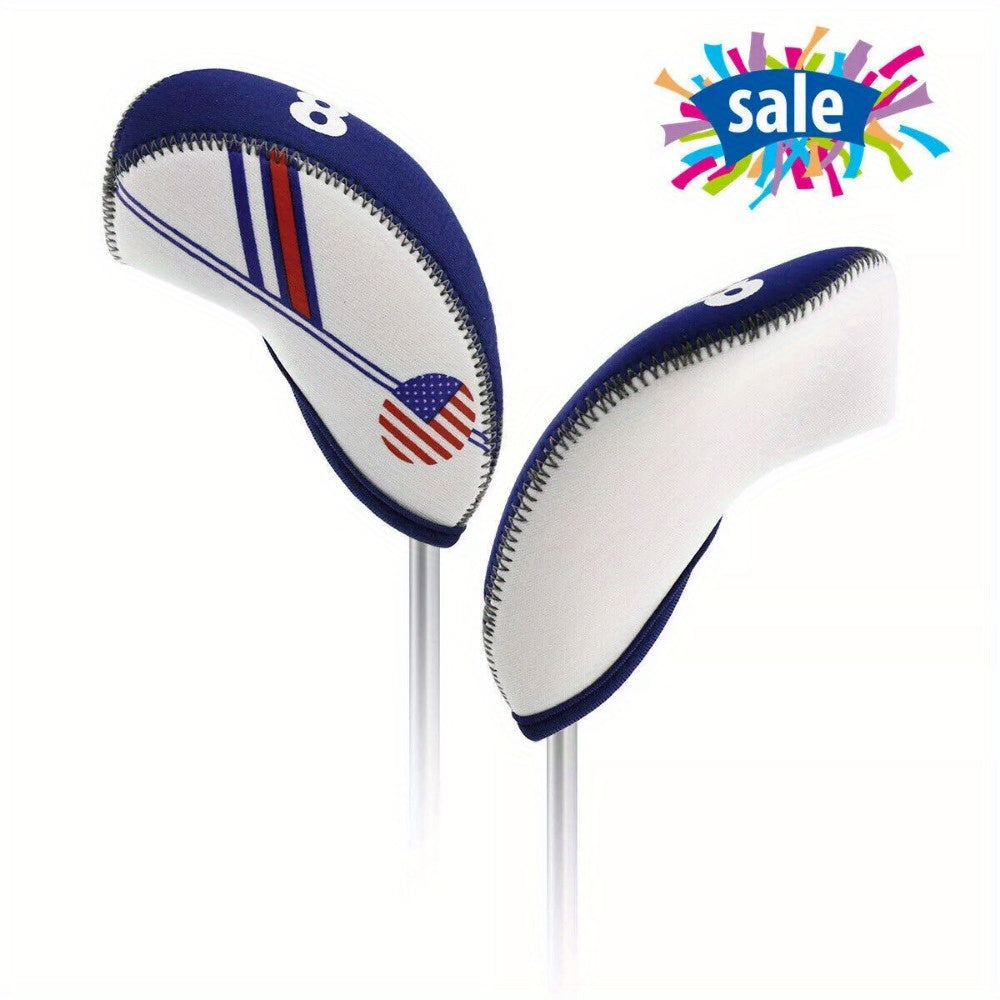Golf Iron Club Covers USA Flag Neoprene Zipper Head Covers Machine Washable Fits Standard Irons Blue White Patriotic Design for Men Women Golfers