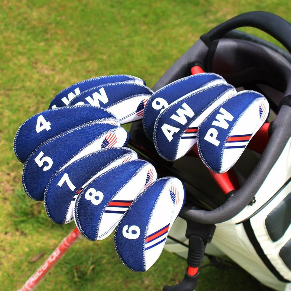 Golf Iron Club Covers USA Flag Neoprene Zipper Head Covers Machine Washable Fits Standard Irons Blue White Patriotic Design for Men Women Golfers