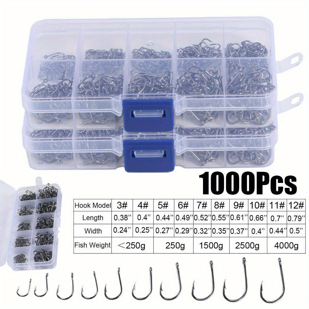 1000pcs Fishing Hooks Assorted Sizes #3-#12 Sharp Carbon Steel Fish Hooks Set with Portable Tackle Box for Sea Freshwater Bass Trout Carp Fishing Gear Kit Men Gift