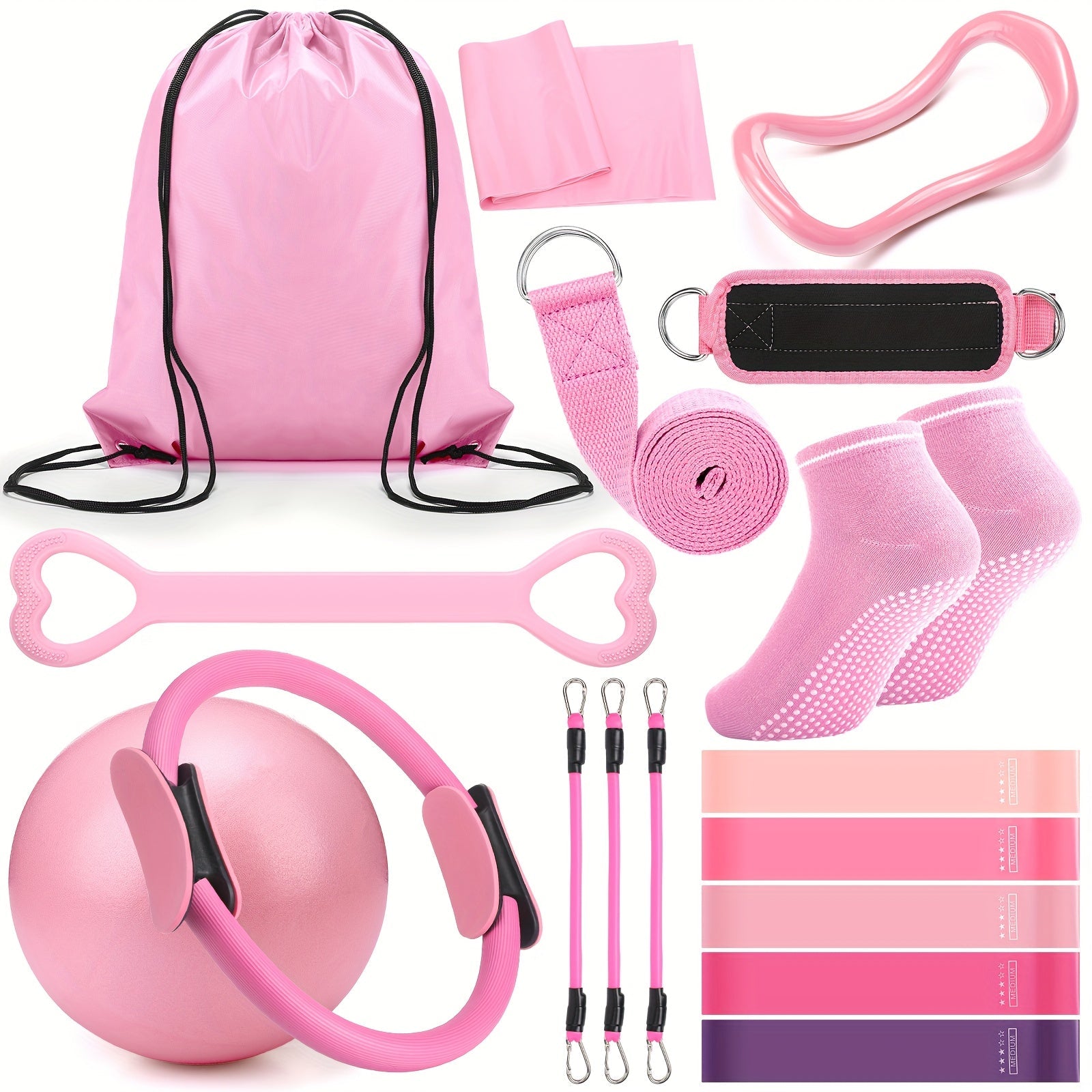 Pilates Ring Set 18-Piece – Magic Circle, Pilates Ball, Resistance Bands, Stretching Strap, Yoga Ring, Anti-Slip Socks & Gym Bag, Complete Women's Home Workout Accessories Kit, Pink