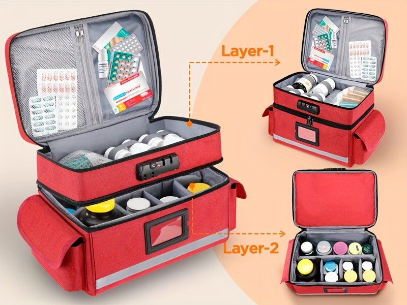 Lockable Medicine Organizer Bag with Combination Lock, Double-Layer Large Capacity Pill Bottle Storage Case for Prescription Bottles First Aid Supplies Home Travel, Portable Medication Carry Bag Red Grey Black