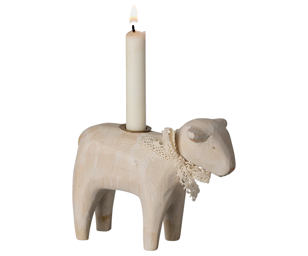 Maileg Wooden Candle Holder, Lamb - Off White