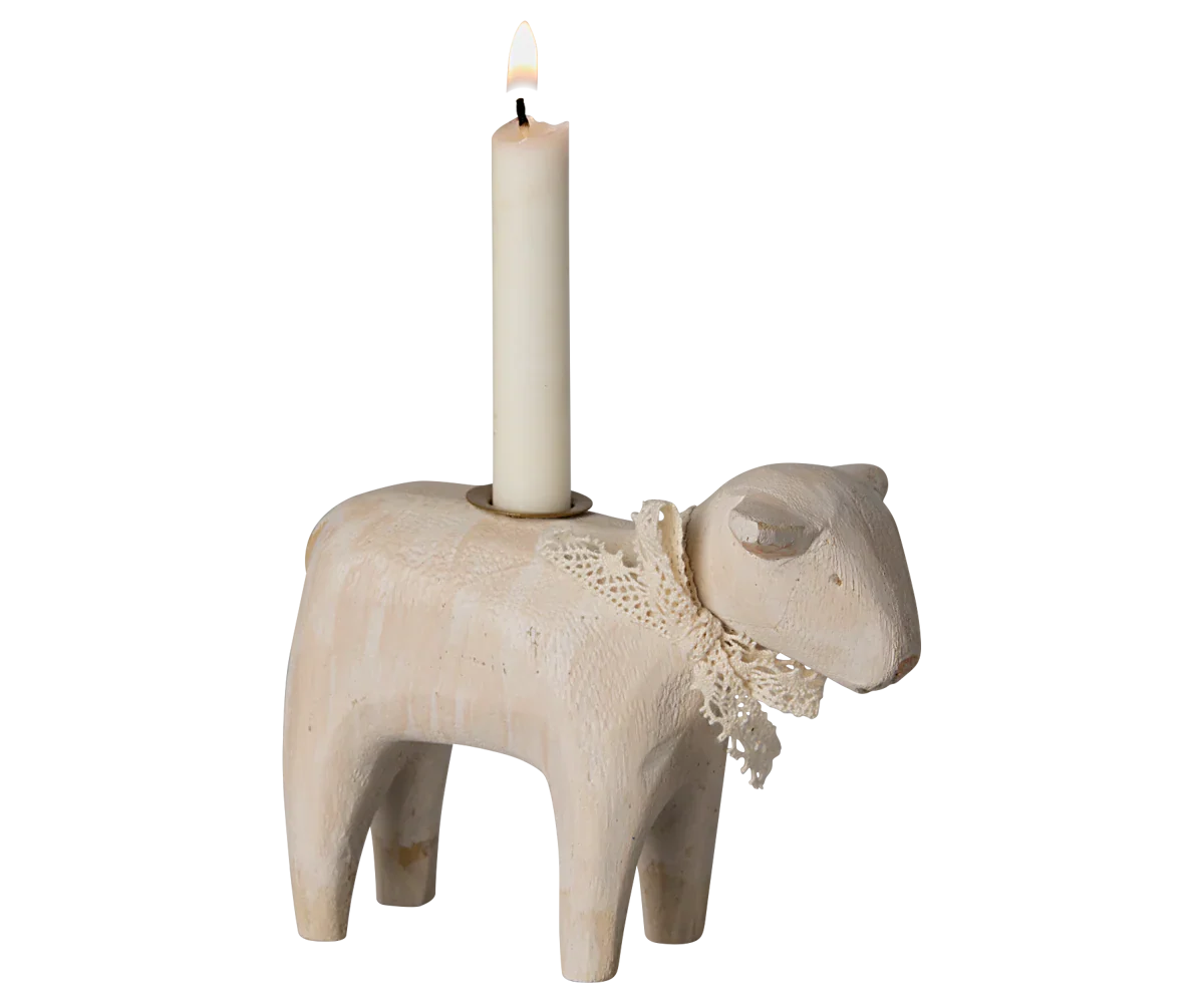 Maileg Wooden Candle Holder, Lamb - Off White
