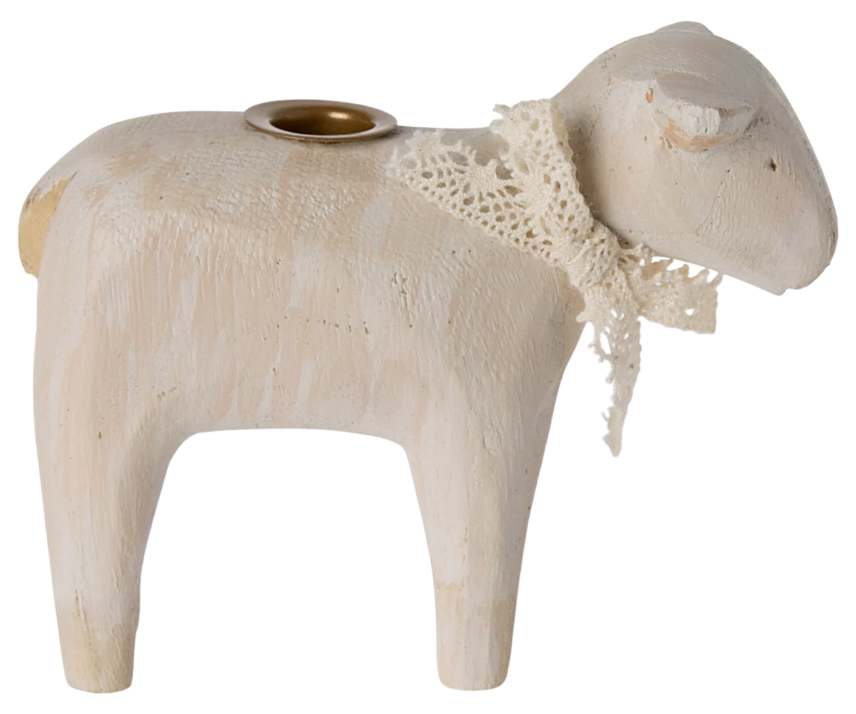 Maileg Wooden Candle Holder, Lamb - Off White