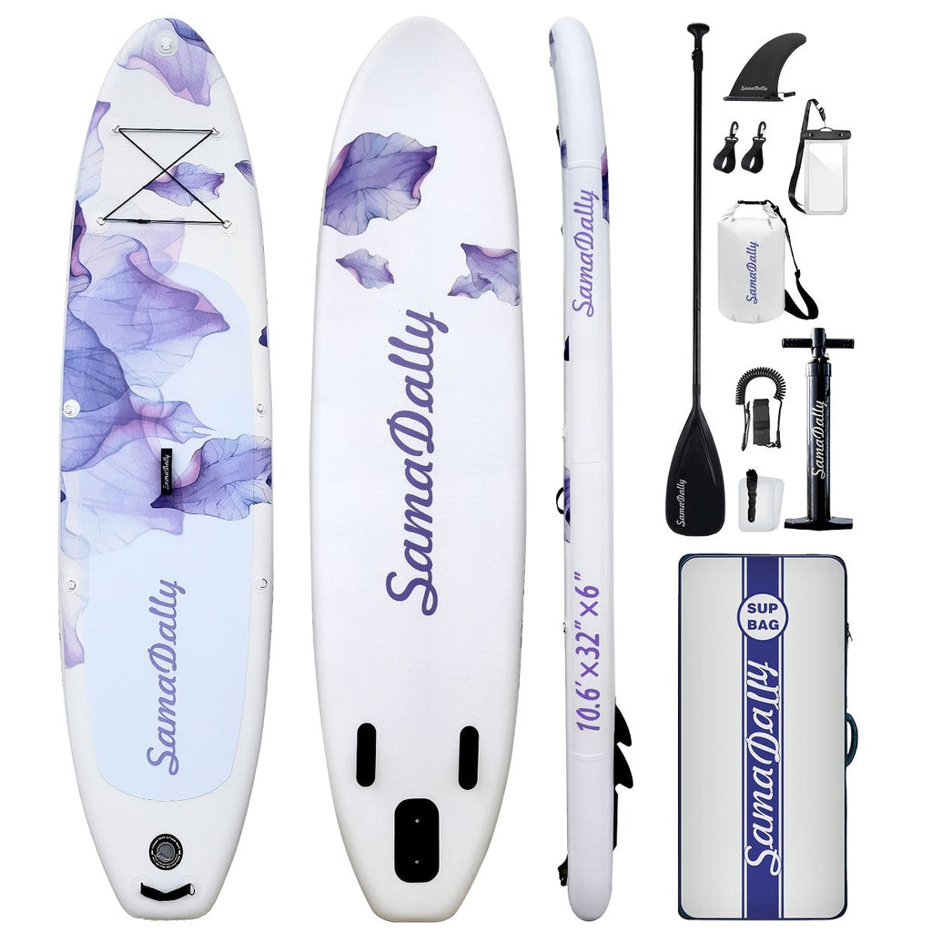 Floral Inflatable SUP Board 10.6ft x 32'' Purple Flower Pattern EVA Non-Slip Deck with Hand Pump Waterproof Bag Removable Fin Leash for All Skill Levels