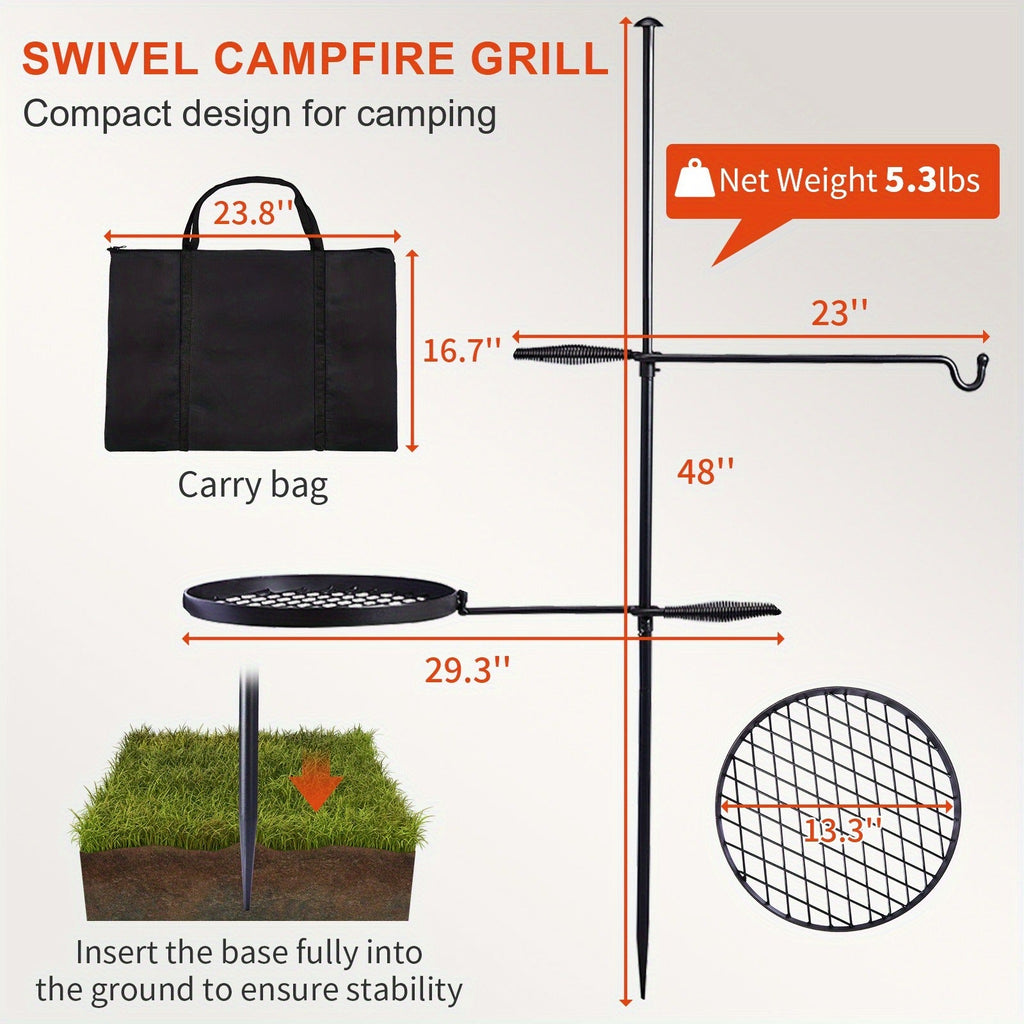 Campfire Grill Grate with Hanging Pole – Height Adjustable, 360° Rotation, 48" Thick Steel Pole, Swivel Grate Ring for Kettle, Dutch Oven & Pan – Portable Open Fire Cooking Grill for Camping & Outdoor
