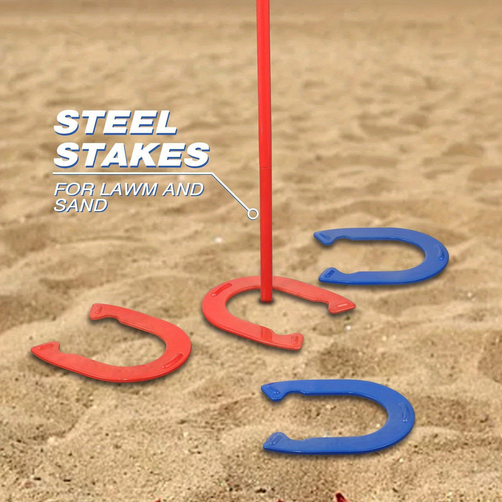 Horseshoes Game Set Heavy Duty – 4 Forged Steel Horse Shoes & 2 Stakes, 1.2lb Each, Red & Blue – Outdoor Lawn Game for Adults & Family, Backyard, Beach & Party