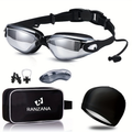 Anti-Fog Racing Swim Goggles Set 6-in-1 - HD UV Protection Silver Coated PC Lens, Waterproof PU Swim Cap, Nose Clip, Earplugs, Goggle Case & Storage Bag for Adult Men Women Pool Training Competition