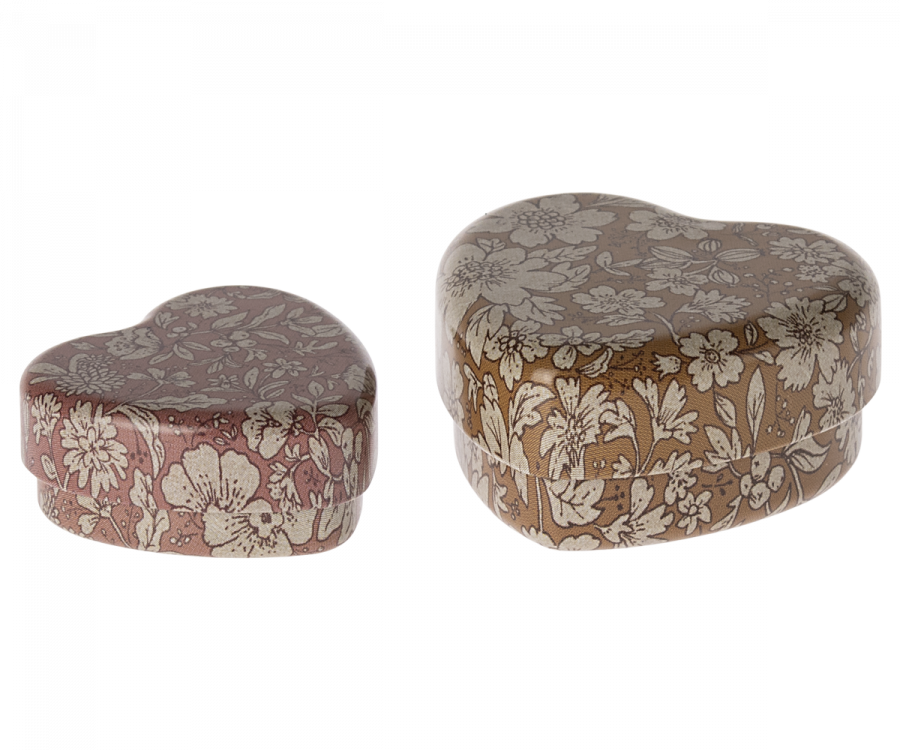 Maileg Metal Heart Box, 2 Piece Set - Ocher/Heather Blossom