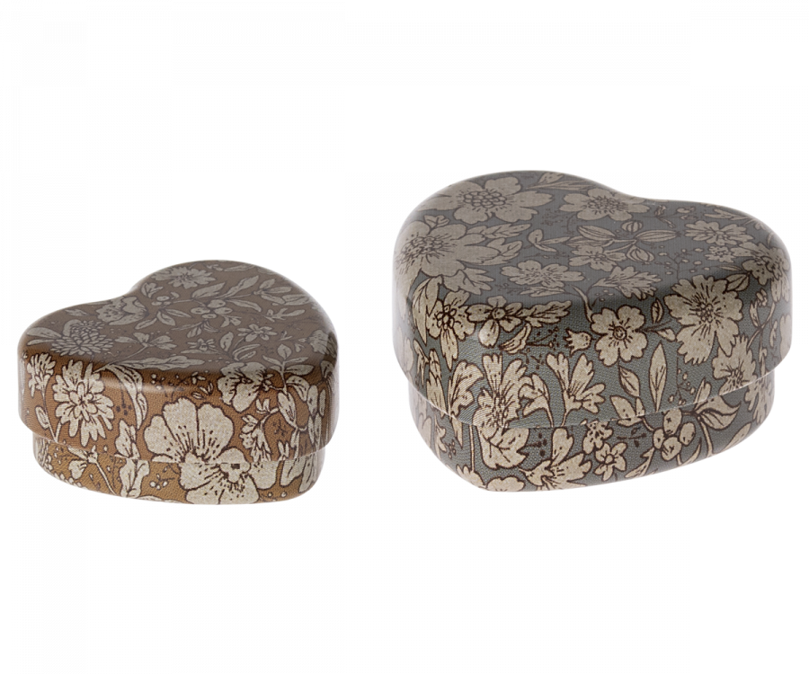 Maileg Metal Heart Box, 2 Piece Set - Blue/Ocher Blossom