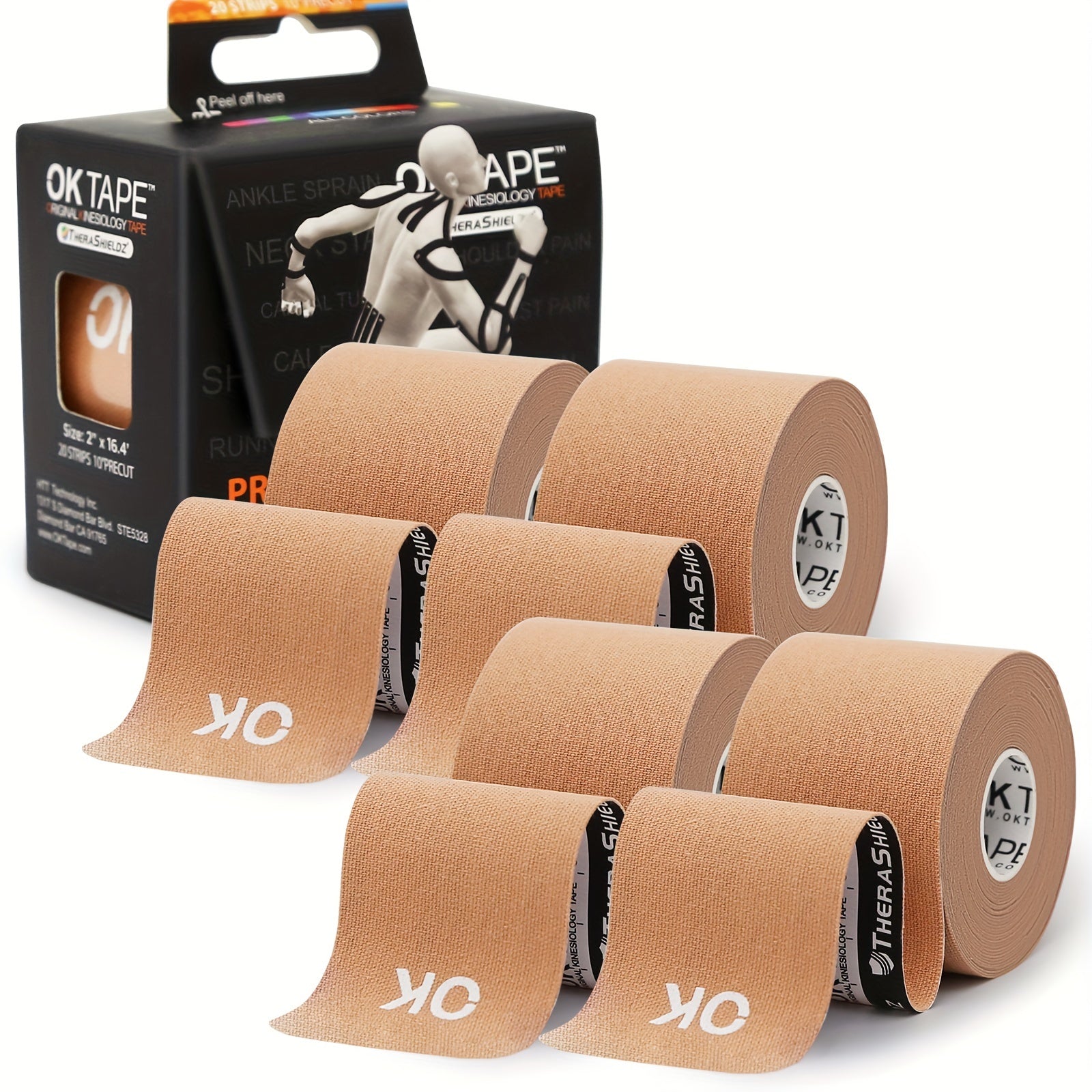 Kinesiology Tape 4 Rolls Precut 20 Strips, Cotton Elastic Athletic Tape Latex Free 2in x 16ft for Knee Shoulder Muscle Support Sports Recovery, Beige Black Pink Navy Blue Green Red