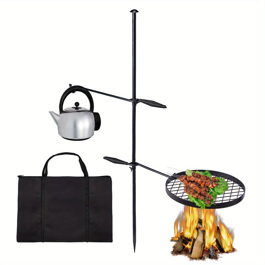 Campfire Grill Grate with Hanging Pole – Height Adjustable, 360° Rotation, 48" Thick Steel Pole, Swivel Grate Ring for Kettle, Dutch Oven & Pan – Portable Open Fire Cooking Grill for Camping & Outdoor
