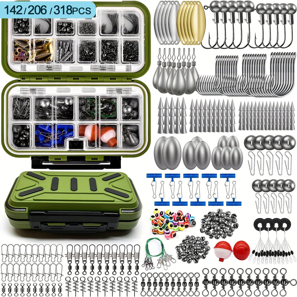 Fishing Tackle Kit 142/206/318 Pcs - Hooks, Jigs, Weights, Swivels, Beads & Connectors for Freshwater & Saltwater Bass Trout Fishing