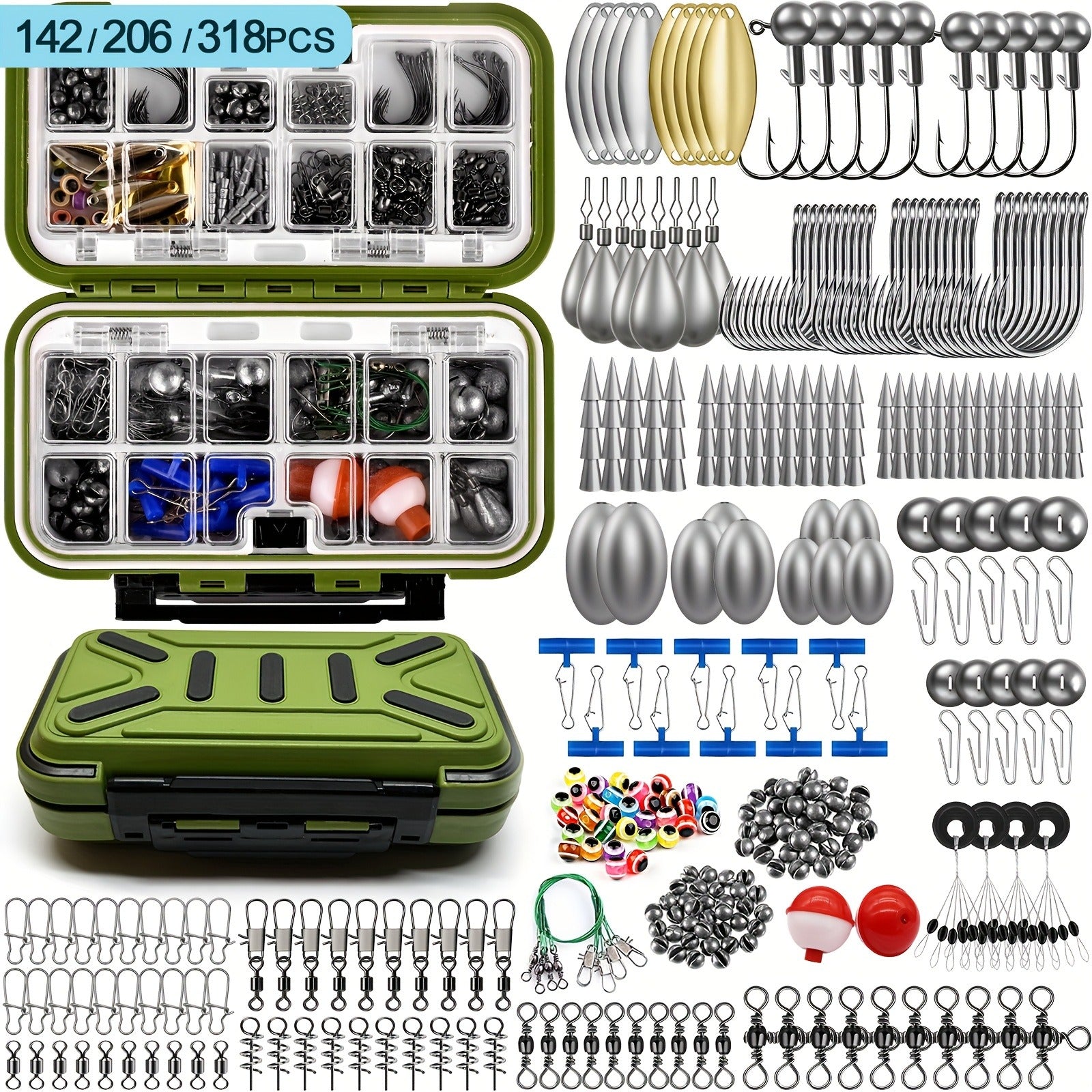 Fishing Tackle Kit 142/206/318 Pcs - Hooks, Jigs, Weights, Swivels, Beads & Connectors for Freshwater & Saltwater Bass Trout Fishing