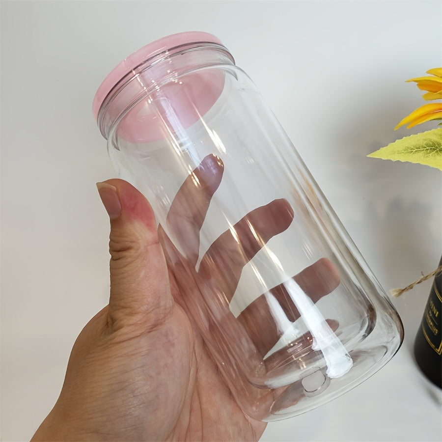 Clear Plastic Snow Globe Tumblers 16oz Double Wall Bulk Set 25 or 50 Cups Pre-Drilled Hole Colored Lid Straw for Iced Coffee Boba Soda Party DIY Customization