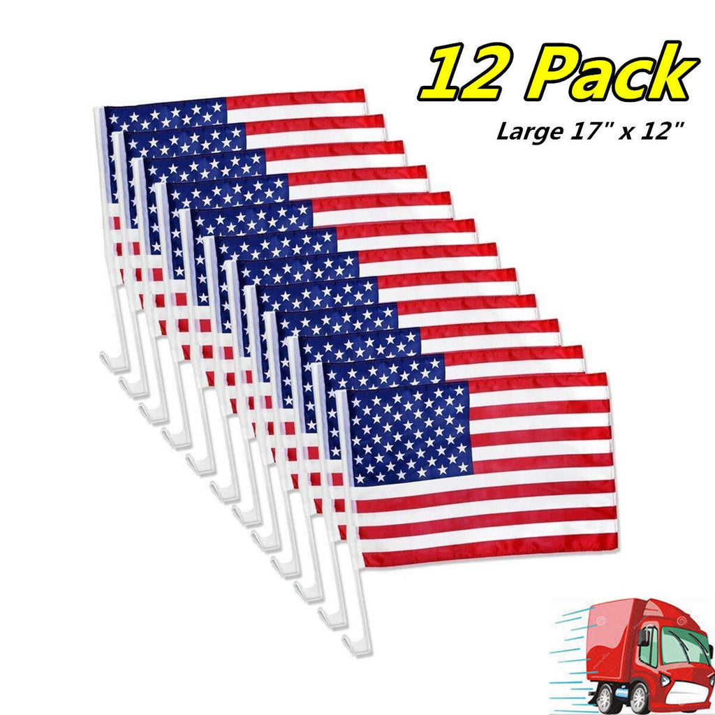 American Flag Car Window Clips 12 Pack USA Patriotic Car Flags 17x12 Inch Double Sided Knitted Polyester Weather Resistant for Parades Funerals Auto Sales Driveways Fourth of July Patriotic Displays