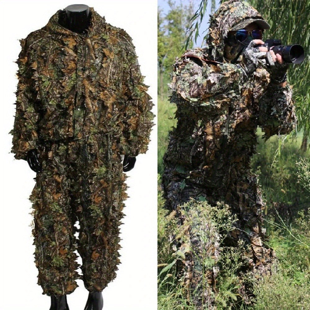 Ghillie Suit 3D Camo Hunting Set – Lightweight Breathable Hooded Camouflage Jacket & Pants for Deer Hunting Sniper Airsoft & Wildlife Photography
