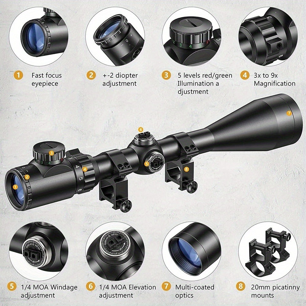 Waterproof Riflescope 3-9x40 with Red Green Illuminated Reticle & Reinforced Aluminum Alloy Body, Four-Hole Picatinny Mount Adjustable Tactical Optical Scope for Hunting Shooting Outdoor Use