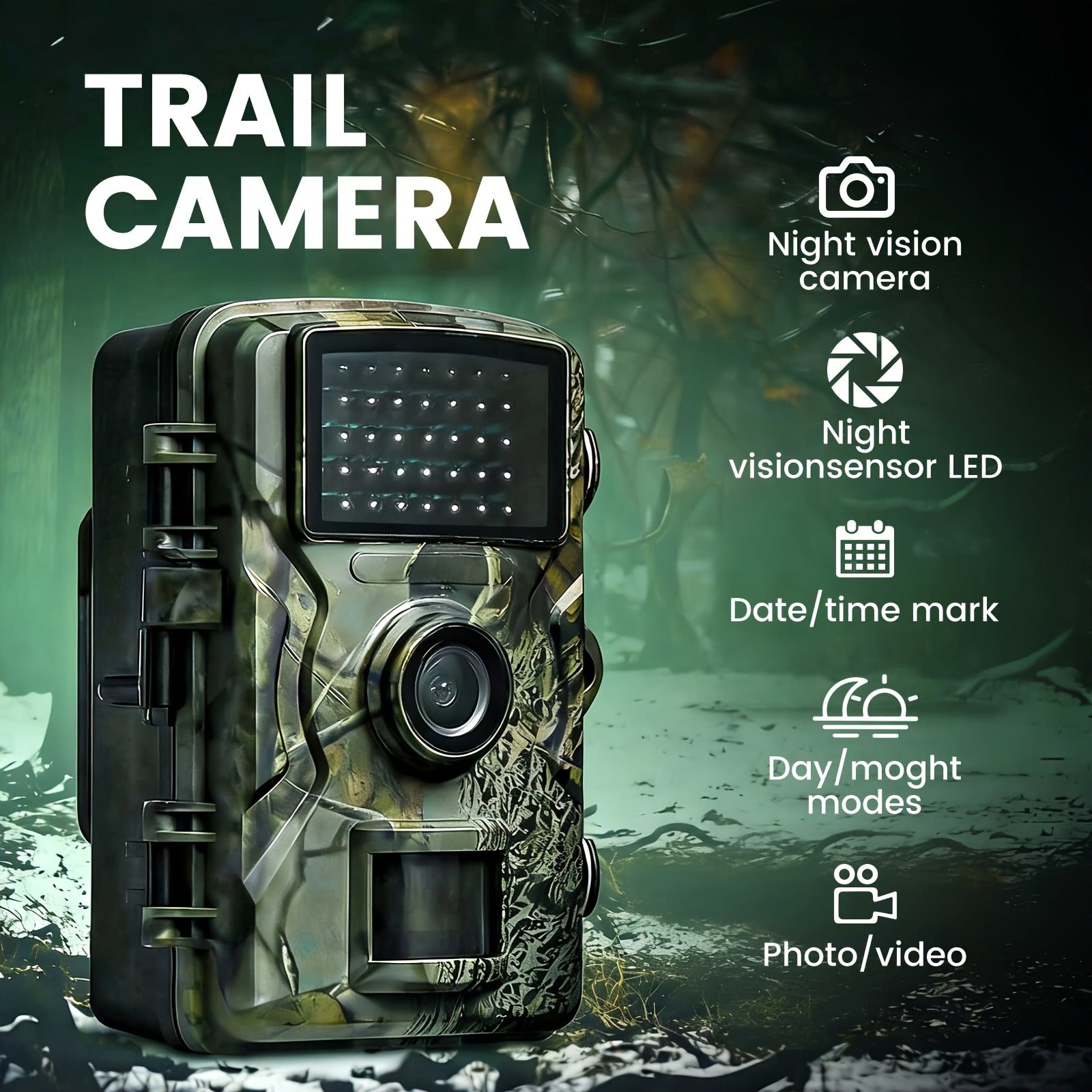 Trail Camera 1080P FHD – 0.8s Trigger, Camouflage Hunting Camera with Night Vision, 32GB SD Card Compatible | KLZO Wildlife Cam