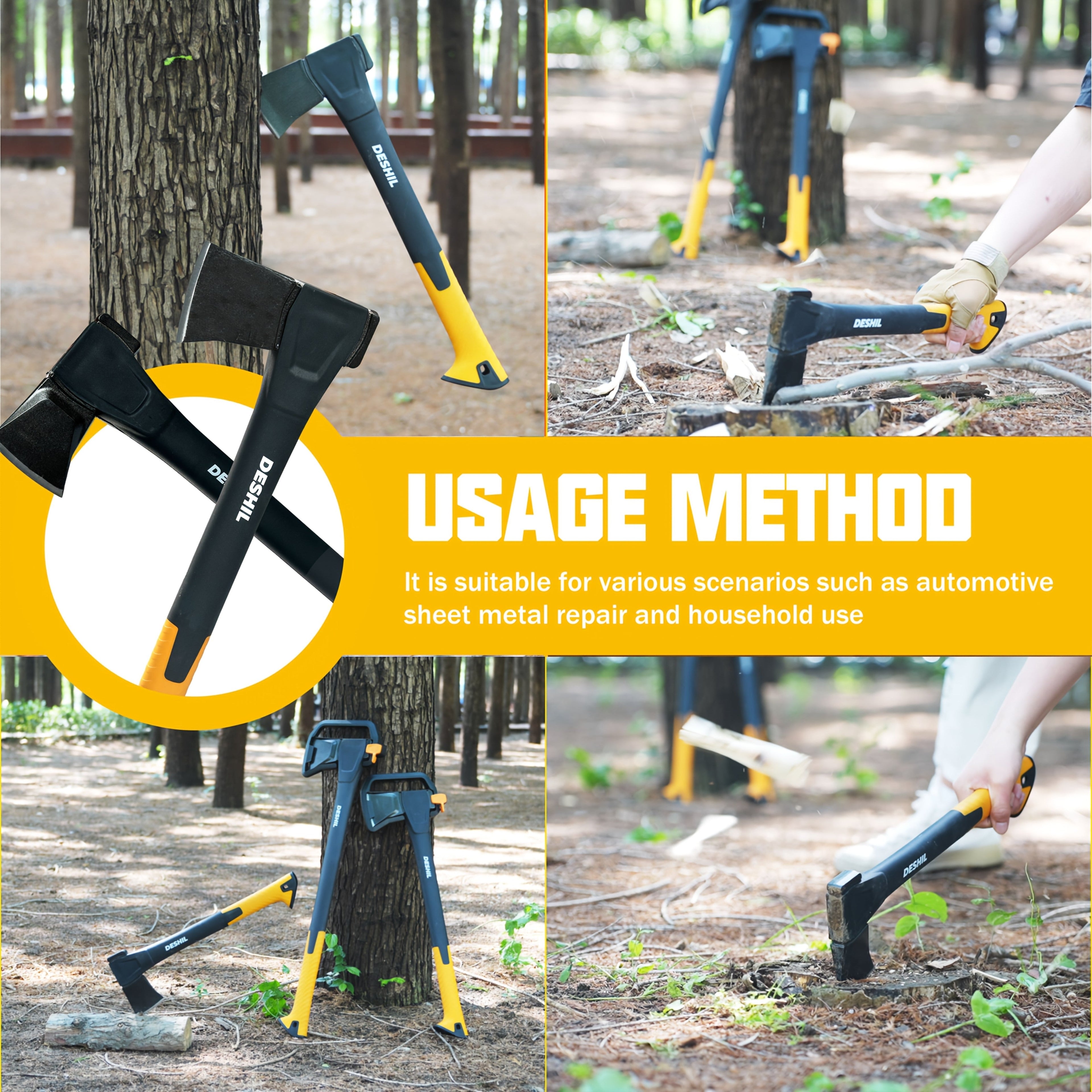 Carbon Steel Camping Hatchet Wood Splitting Axe – Teflon-Coated Forged Steel Blade, Shock-Absorbing Fiber Handle, Anti-Rust & Non-Slip, 4 Sizes (14"/18"/24"/28") for Camping, Firewood & Gardening