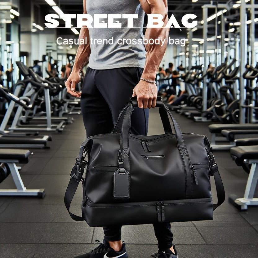 Gym Duffel Bag with Wet Pocket & Shoe Compartment - Foldable PU Leather Sports Travel Bag for Workouts, Weekend Trips & Everyday Use, Lightweight Carry-On Luggage Bag for Men Women (Black/Blue/Grey)
