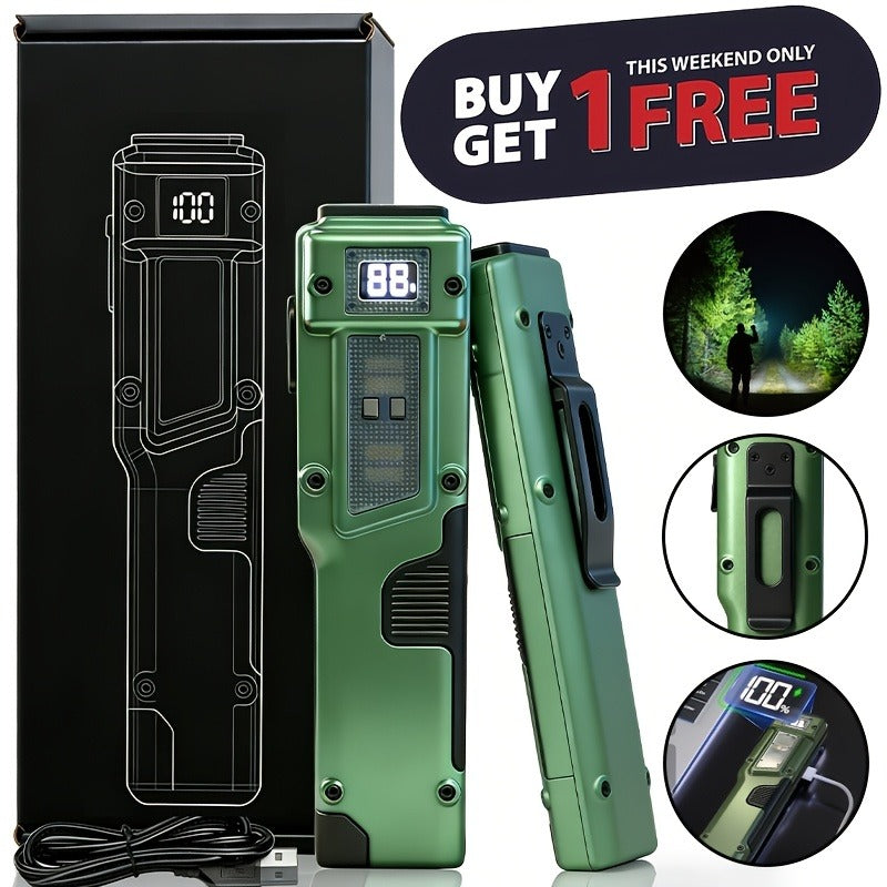 EDC Tactical Flashlight Set 2-Pack - Flat LED Torch + Mini Backup Light, 8 Modes LCD Display, USB-C Rechargeable, Aluminum Body with Back Clip for Camping, Survival & Gift