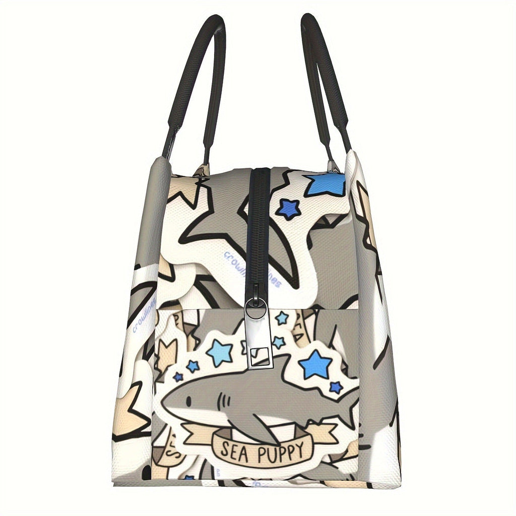 Cooler Bag with Grey Shark Pattern - Portable Reusable Insulated Lunch Bag for Camping, Picnic, Beach, Office, Home & Outdoor Use, Fun Kids & Adults Novelty Cooler Tote, 11 x 6.3 x 6.7 in