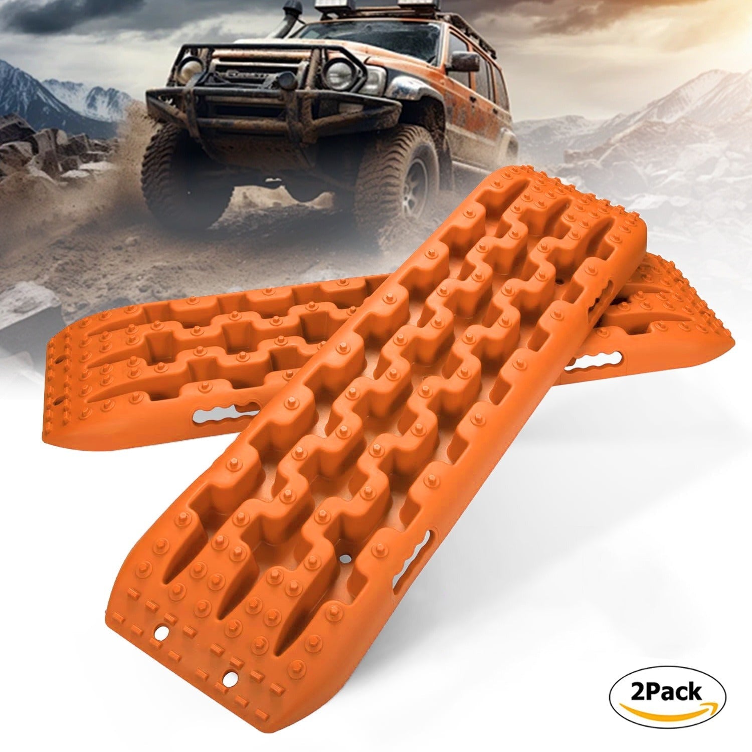 Off-Road Traction Boards Recovery Tracks 2-Pack – 10-Ton Capacity, 40”×11.8” PP Traction Mats for Sand, Mud & Snow, 4x4 Vehicle Recovery Boards with Carry Bag & Leash, Orange/Red/Black