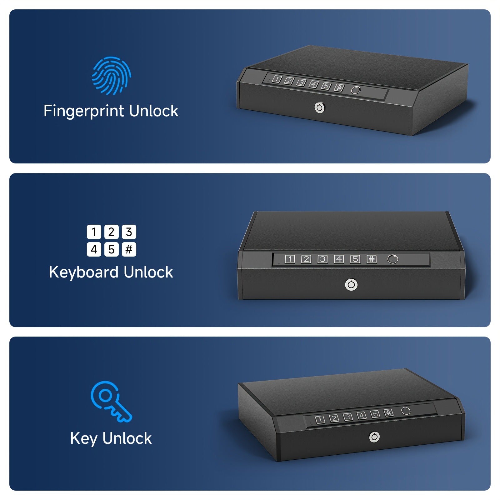 Biometric Gun Safe Fingerprint Digital PIN & Key Unlock 3-Way Access Internal Light Silent Mode Emergency Power Supply Gun Lock Box for Home Bedroom Nightstand Car