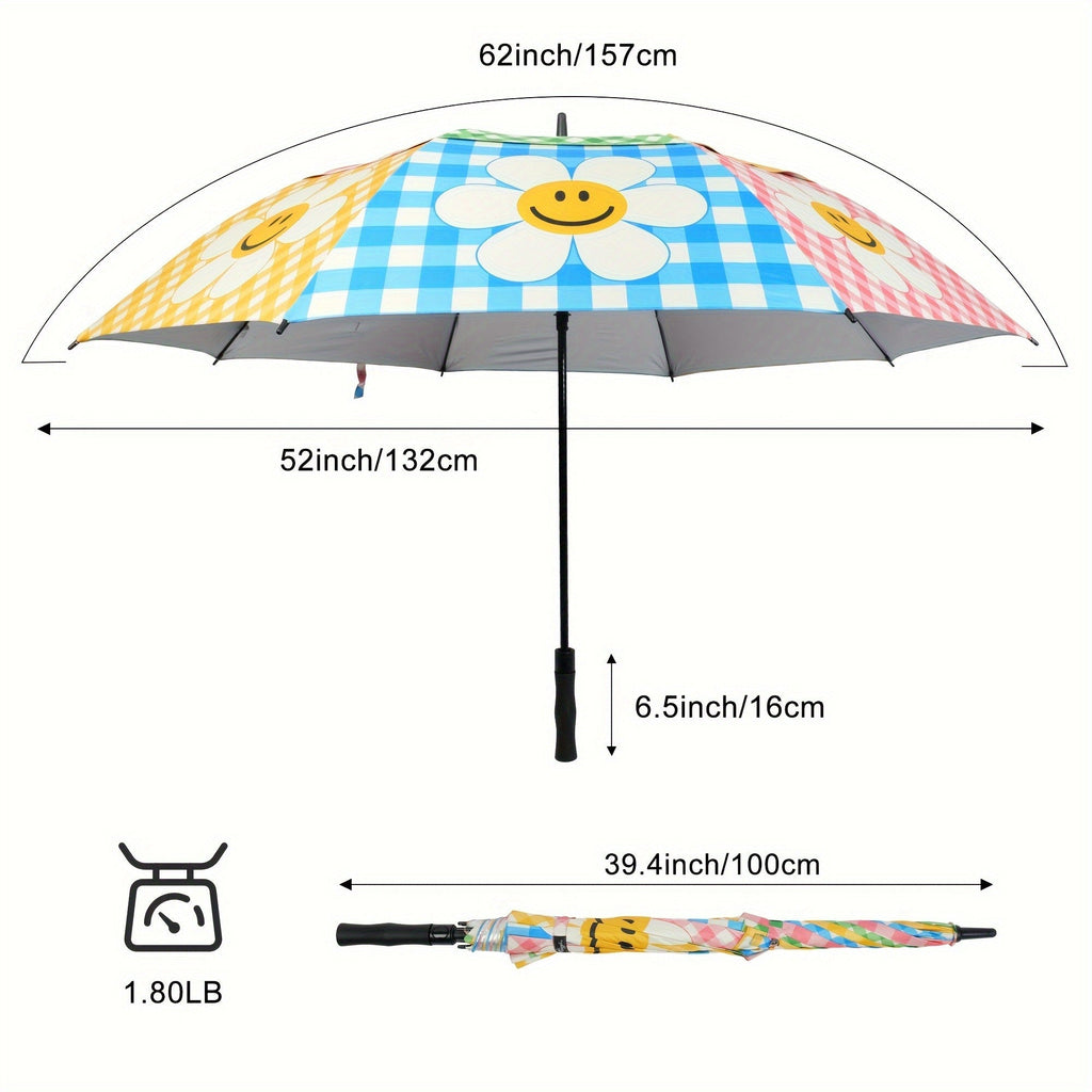 Extra Large Golf Umbrella 52 Inch Double Canopy Windproof - Smile Face Design, 2-Layer Vented Canopy, Straight Long Handle 39.37", Auto Open Button, Sunshade Coverage for 3-4 People, Oversized Rain & Sun Umbrella