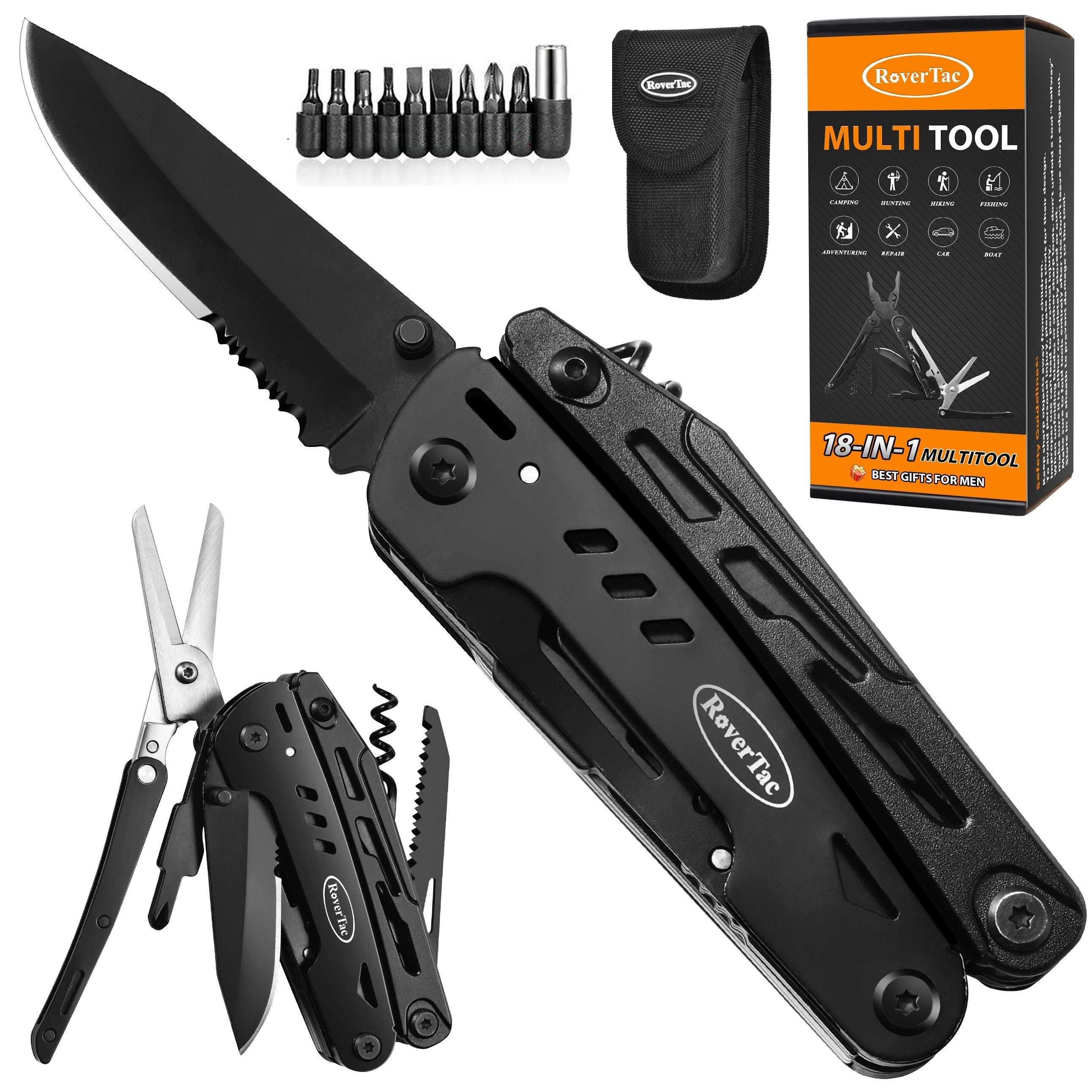 18-in-1 Stainless Steel Multitool Pocket Knife – Pliers, Scissors, Saw, Corkscrew & 9 Screwdrivers with Safety Lock & Nylon Sheath – EDC Multi-Tool for Camping, Hiking & Survival