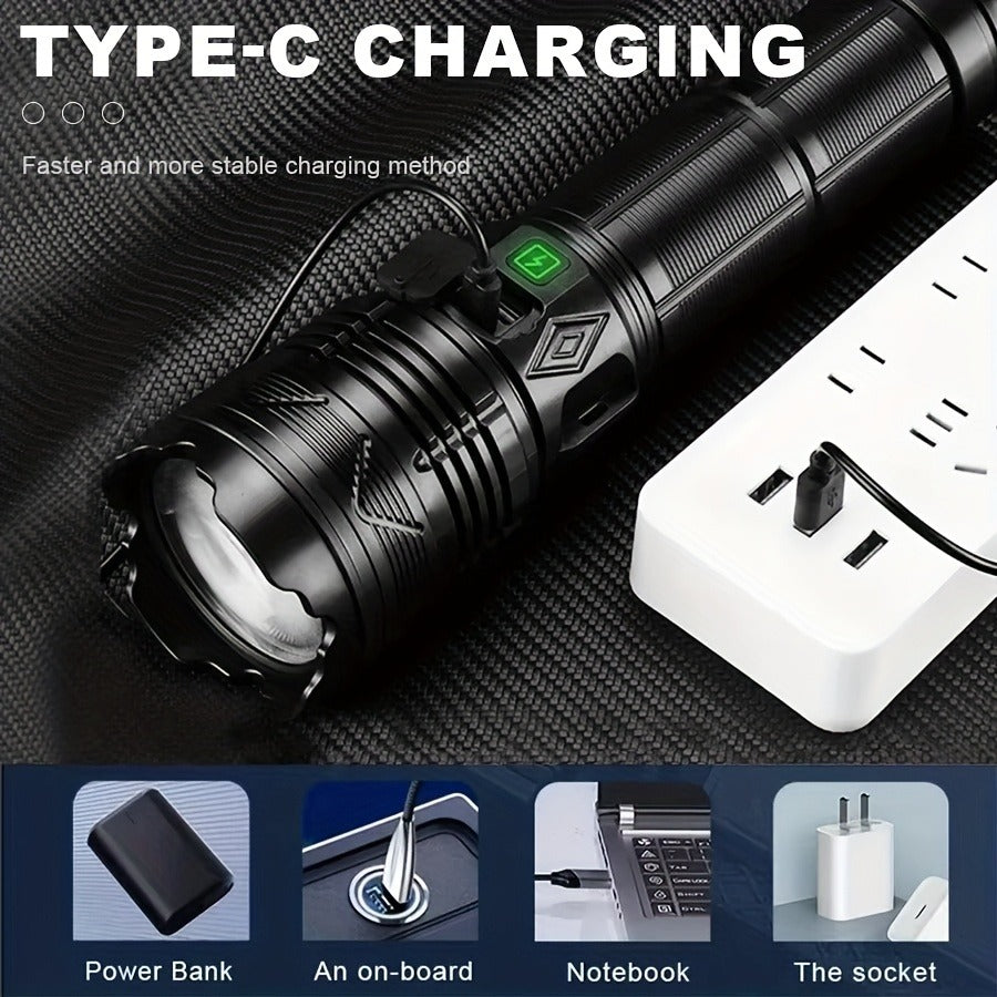 Survival Flashlight with Fire Starter Fresnel Lens 26650 Lithium Battery High Lumen for Wilderness Camping Hunting Fishing Emergency